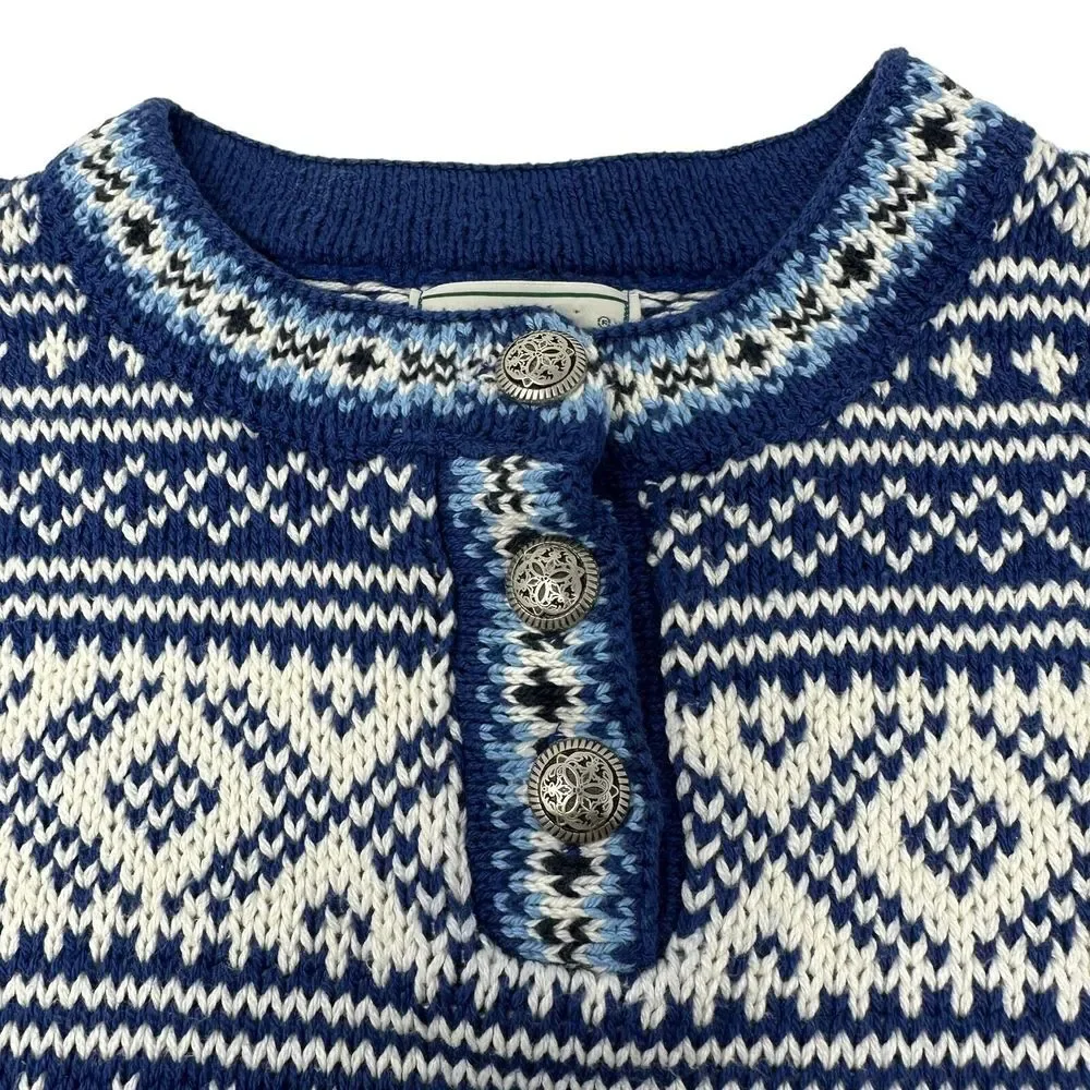 LL Bean Women's Blue White Fair Isle Cotton Crewneck 3 Button Sweater Medium - Picture 5 of 13